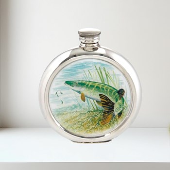 6oz Round Pike Pewter Picture Flask