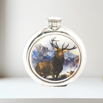 6oz Round Monarch Of The Glen Pewter Picture Flask