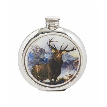 6oz Round Monarch Of The Glen Pewter Picture Flask