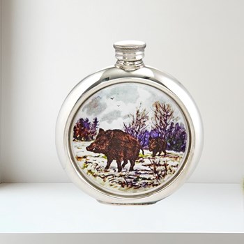 6oz Round Wild Boar Pewter Picture Flask
