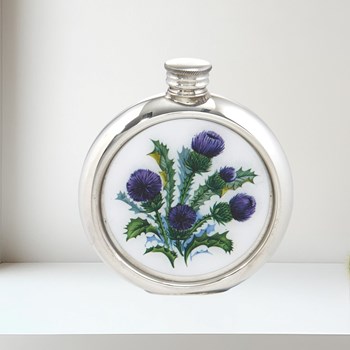 6oz Round Thistle Pewter Picture Flask