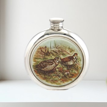 6oz Round Woodcock Pewter Picture Flask