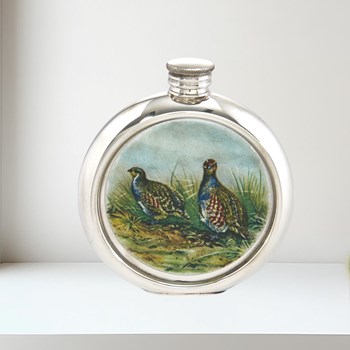 6oz Round Pewter Partridge Picture Flask
