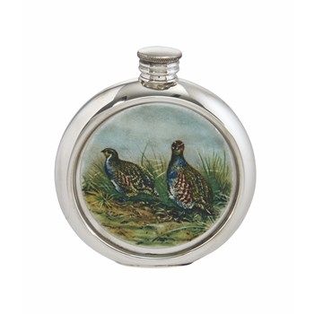 6oz Round Pewter Partridge Picture Flask