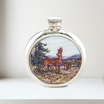 6oz Round Deer Picture Pewter Flask
