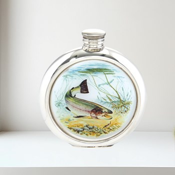 6oz Round Trout Pewter Picture Flask