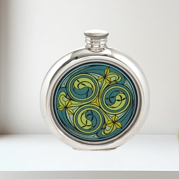 6oz Round Kells Green Pewter Picture Flask
