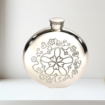 6oz Round Yorkshire Rose Pewter Flask