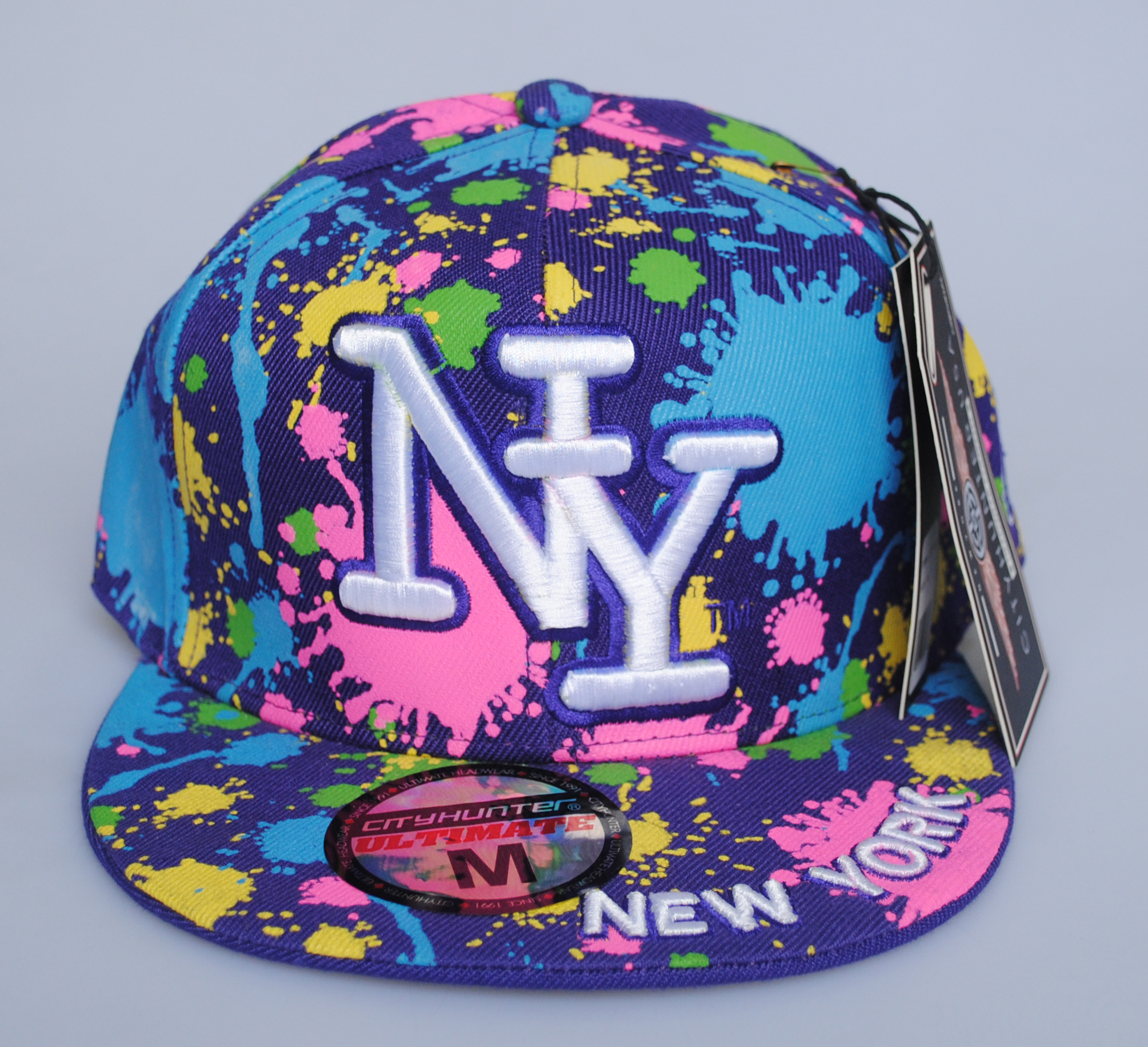 New York NY City Hunter Purple Paint Splash Hat Fitted Flat Peak