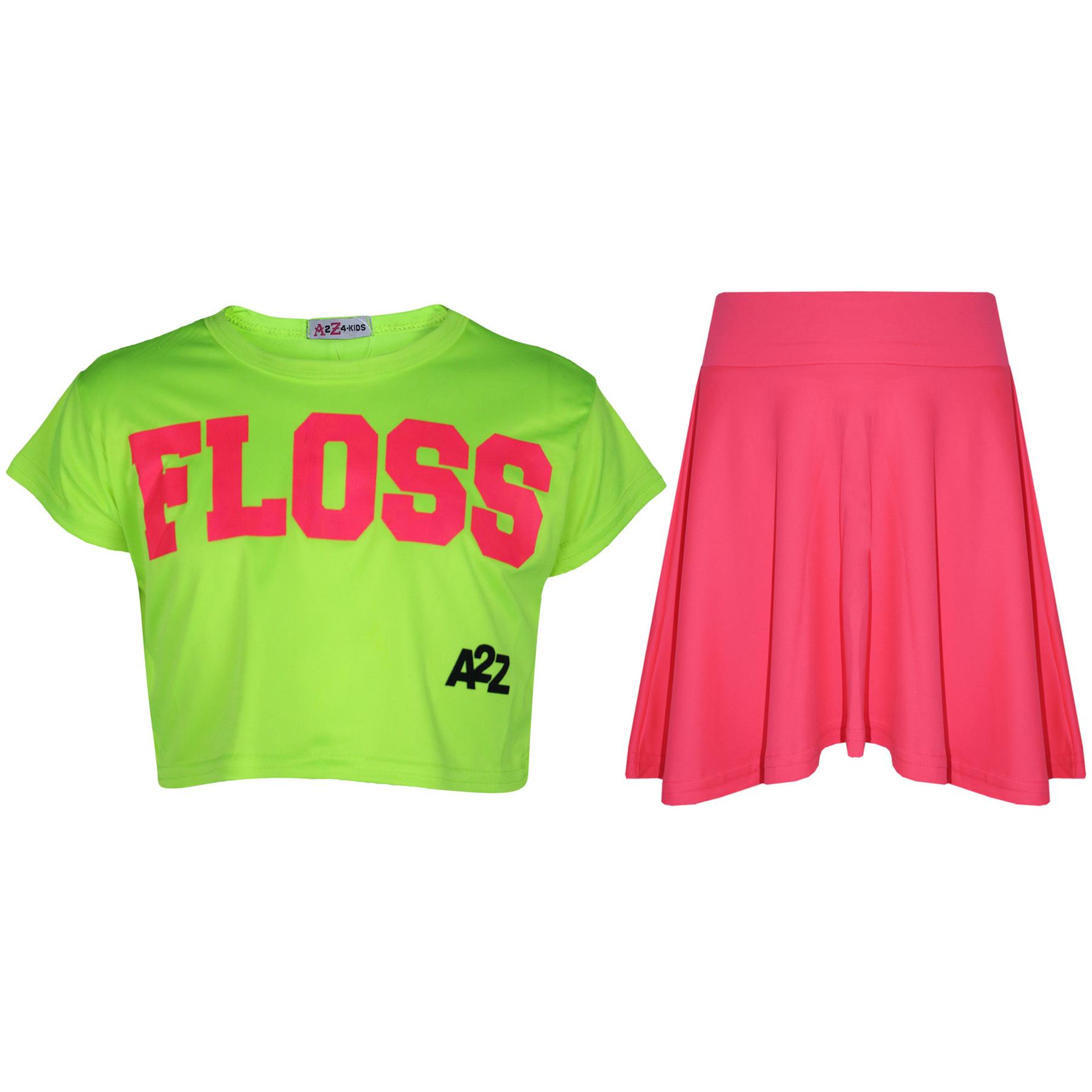 Bambine Floss Moda Top Moda Neon Top & Skater Gonna Set 5-13 corto verde