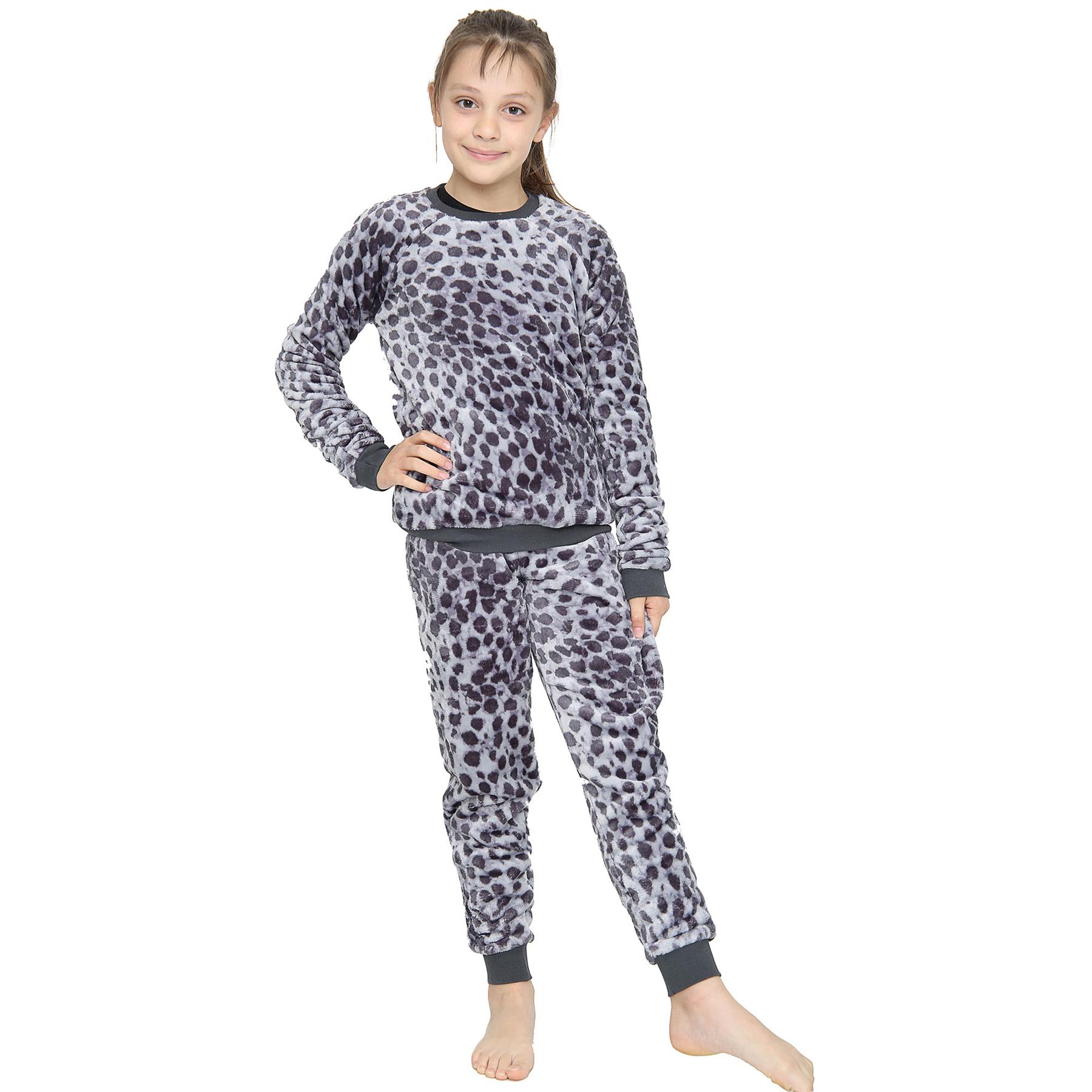 Bambine Ragazzi Pigiama Leopardo Morbido Pile 2 Pezzi Set Lounge Suit flanella