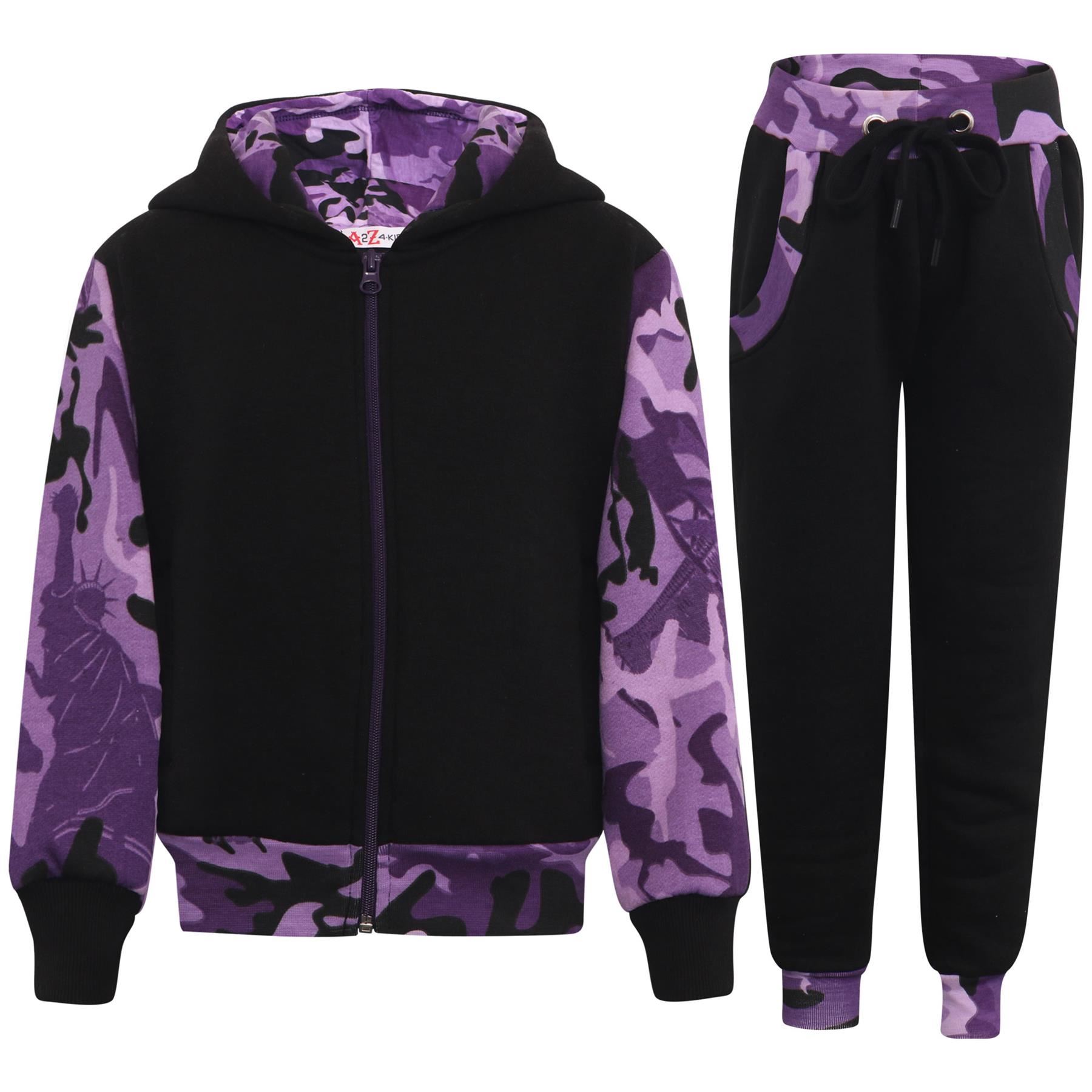 Bambini Ragazze Tuta Zip Mimetico Pile & Fondo da Jogging con cappuccio viola