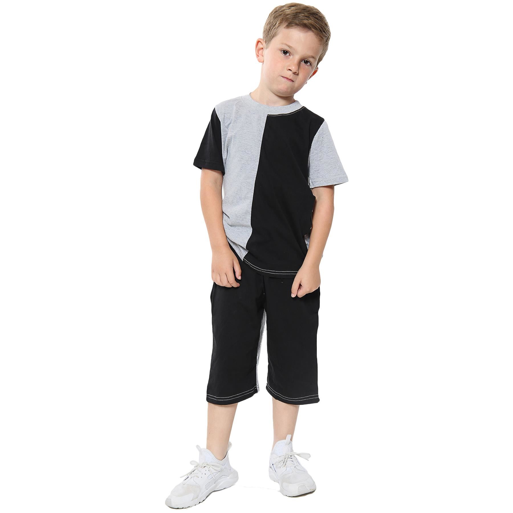 Bambini Ragazzi T-Shirt 100% Cotone Grigio Contrasto Pannelli Estate Shorts Sets