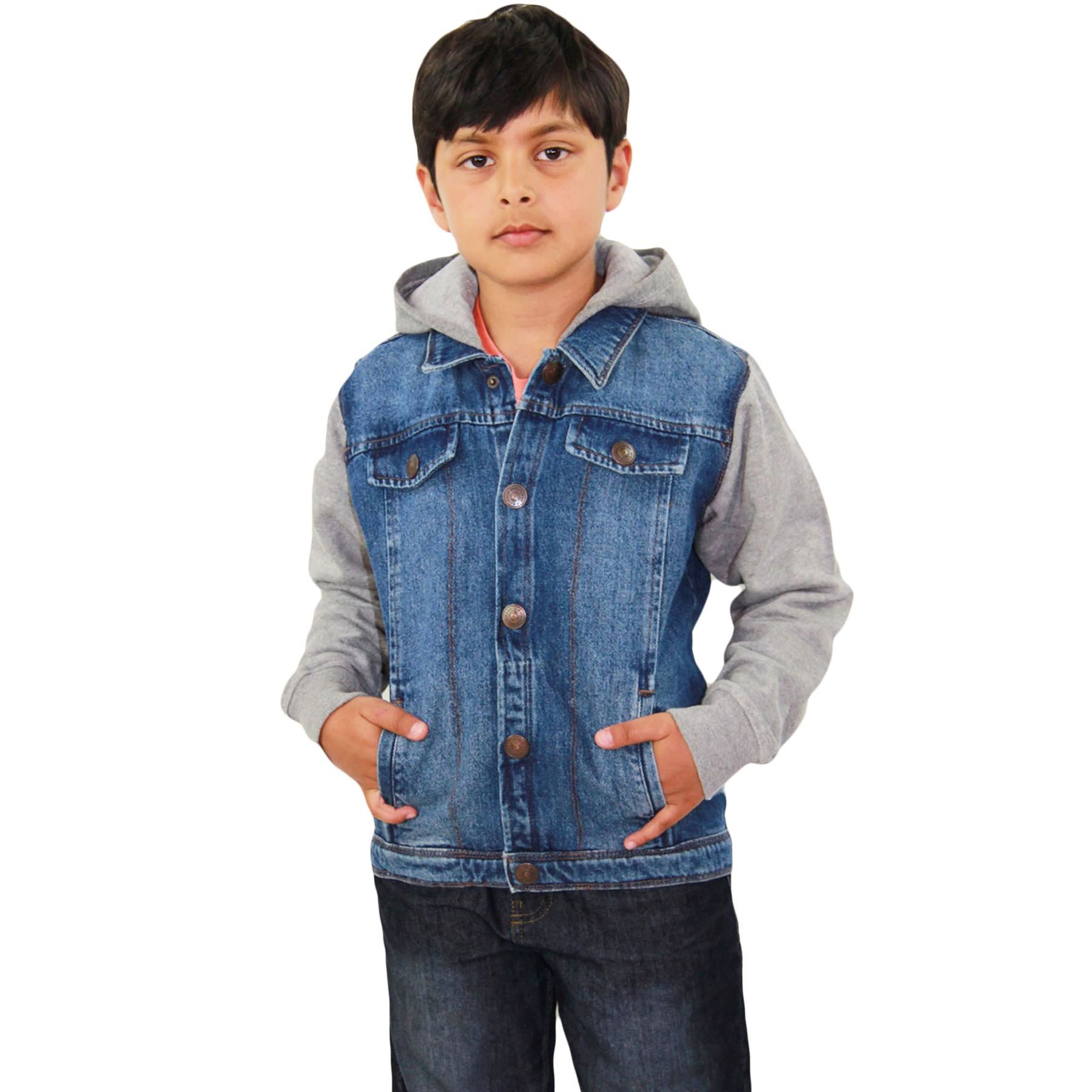 Kids Boys Denim Dark Blue Jacket Fleece Sleeves & Hooded ...