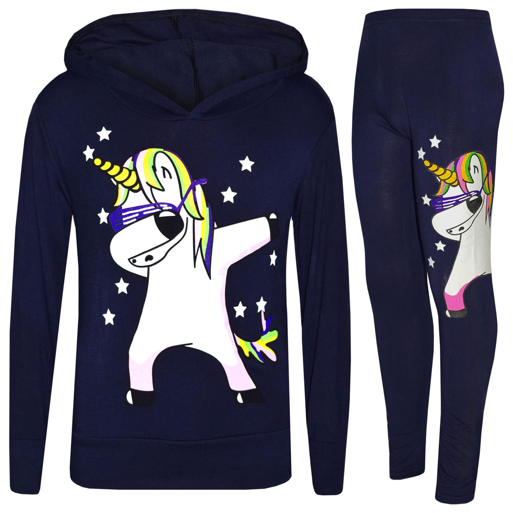 Bambine Arcobaleno Unicorn DAB Floss Navy con Cappuccio Top Legging Set Tuta 7-1