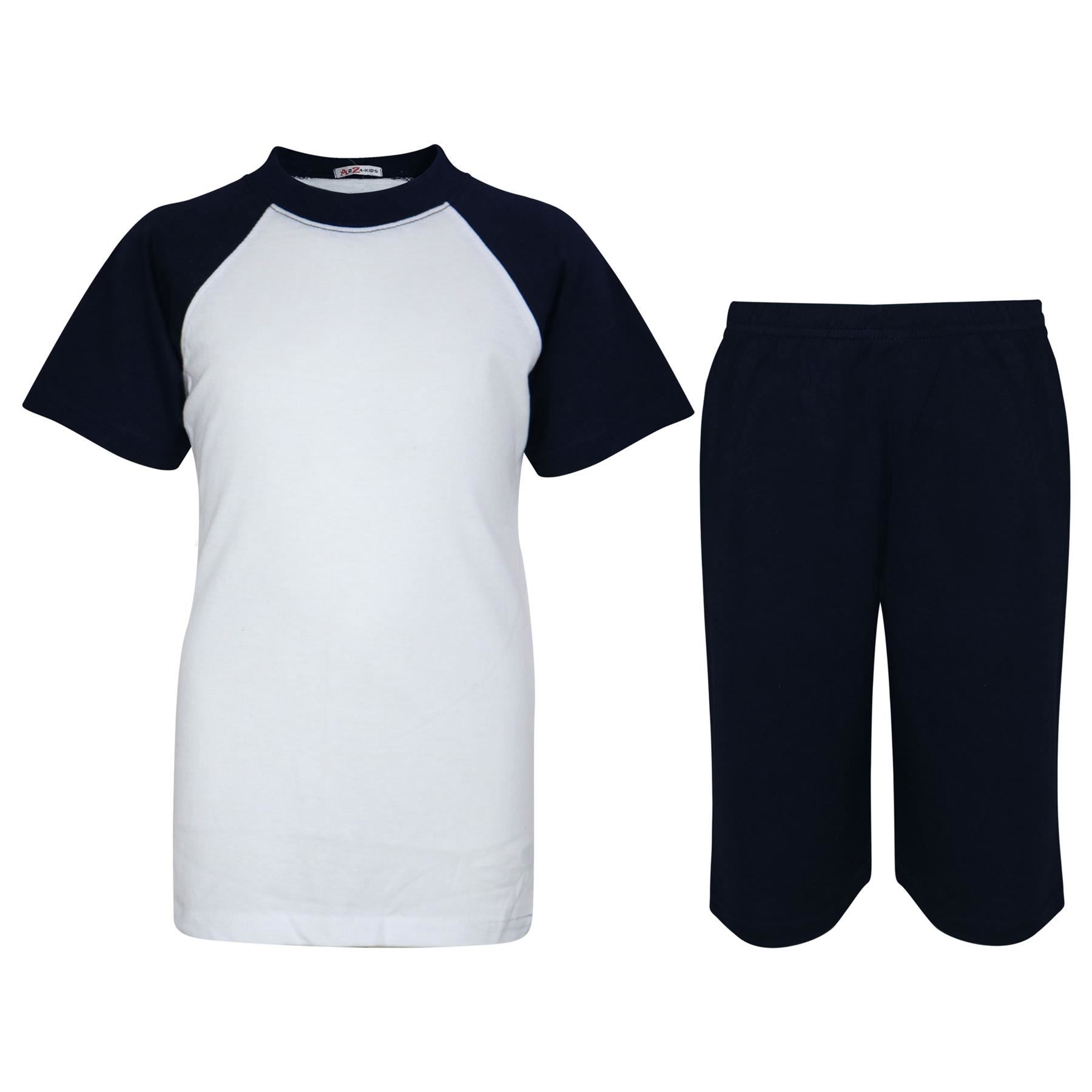 Bambini Navy Raglan Stile Pigiama Contrasto T-Shirt Pantaloncini Ragazze 2-13