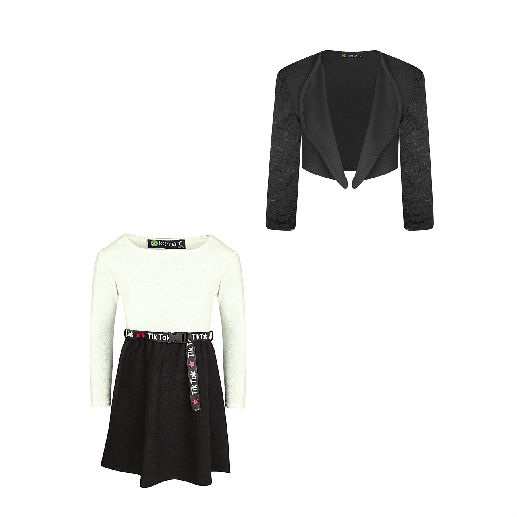 Ragazze Tik Tok Cintura Pattinatrice Abito Manica Bolero Shrug Set lungo pizzo