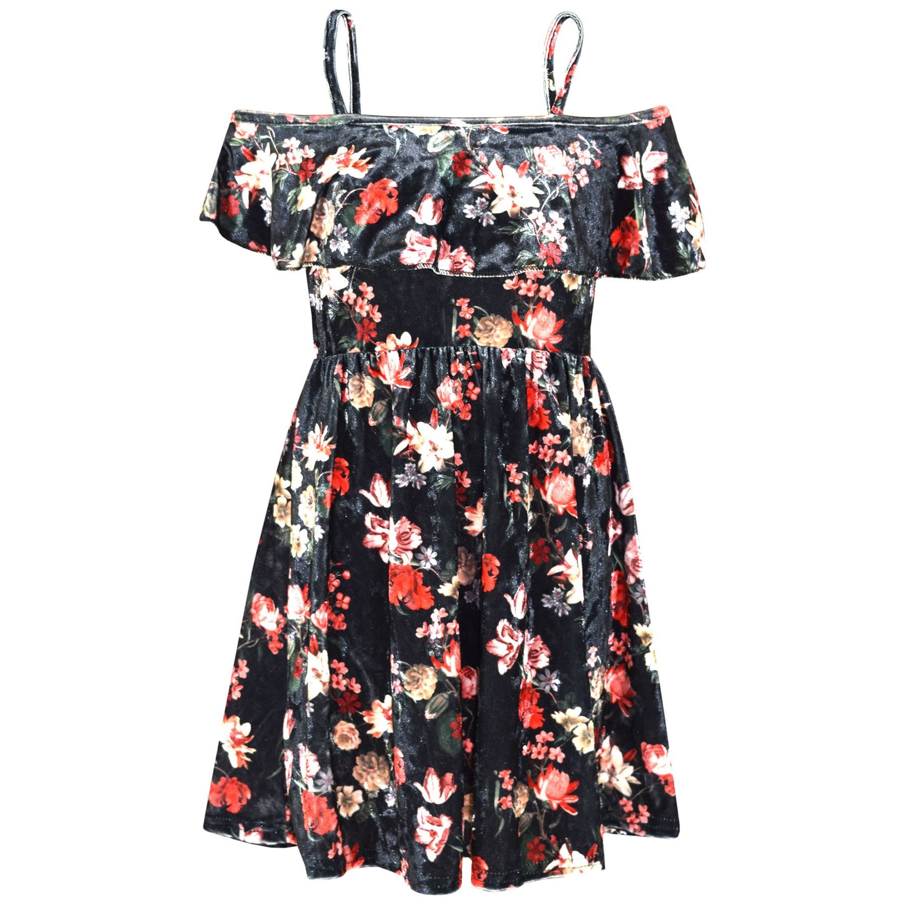 Bambine Pattinatrice Abito Floreale Estivo Festa Spalla Scoperta 7-13 Anno nero