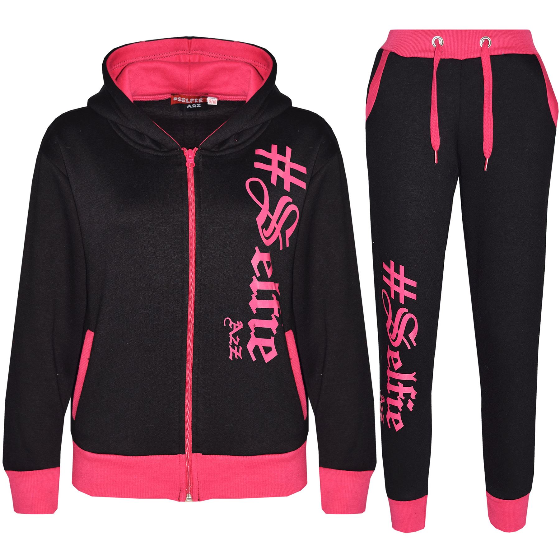 Bambini Selfie Tuta Pantaloni Zip Set Ragazze con cappuccio da corsa rosa nero