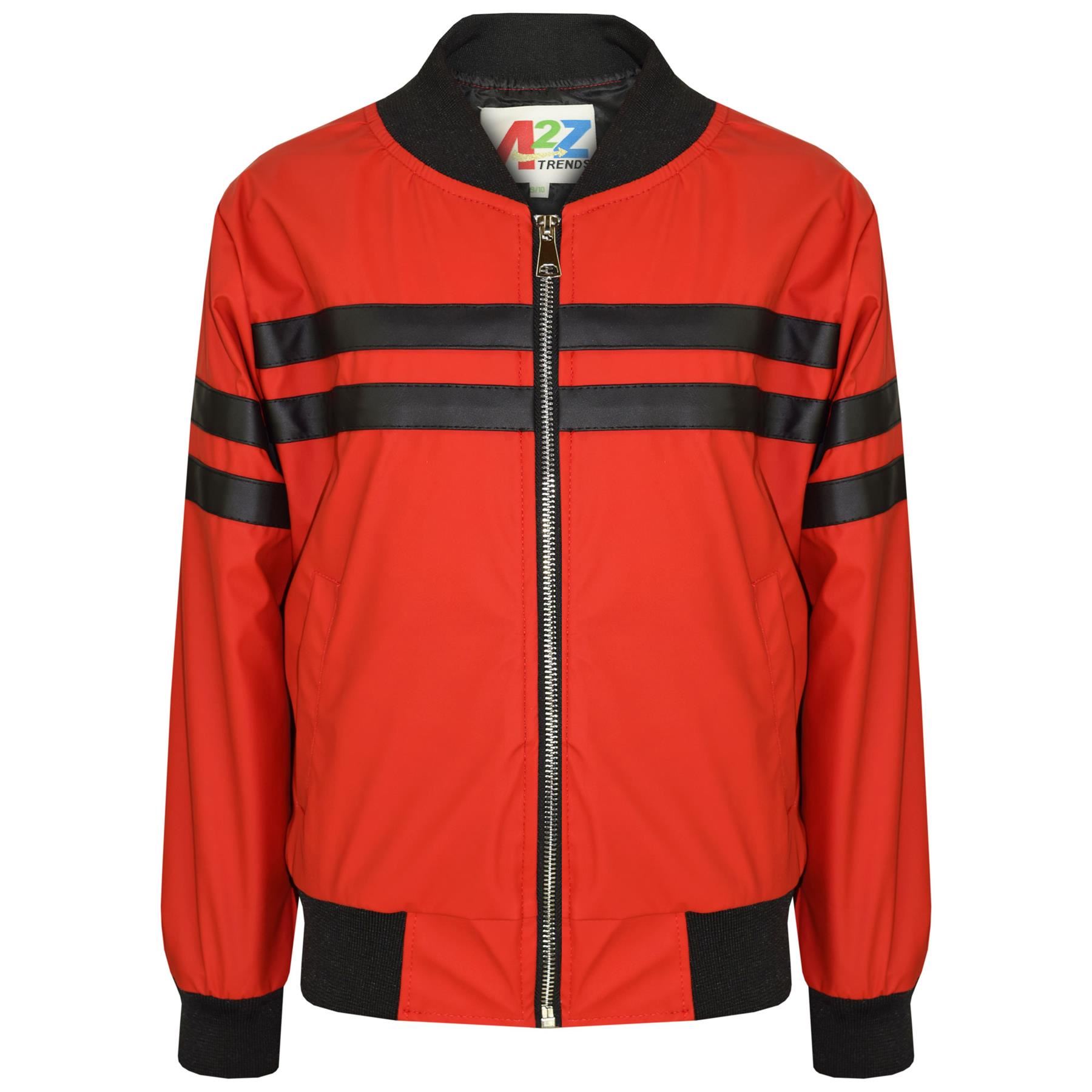 Bambini Ragazzi Giacca Contrasto PU Bombardiere Varsity Scuola righe rosso pelle
