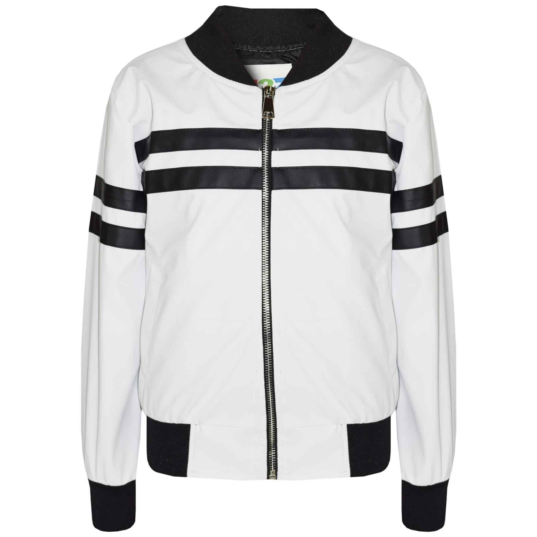 Bambini Ragazzi Giacca a Contrasto PU Bomber Varsity Scuola Biker righe bianco
