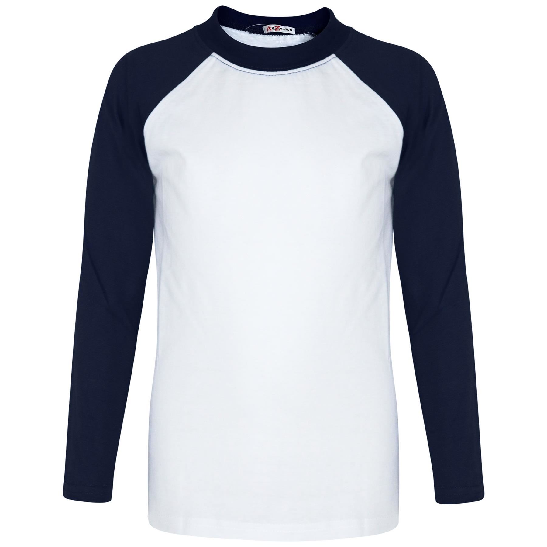 Bambini Navy T Shirt Tinta Unita Baseball Americano Lungo Raglan Maniche SPORTS