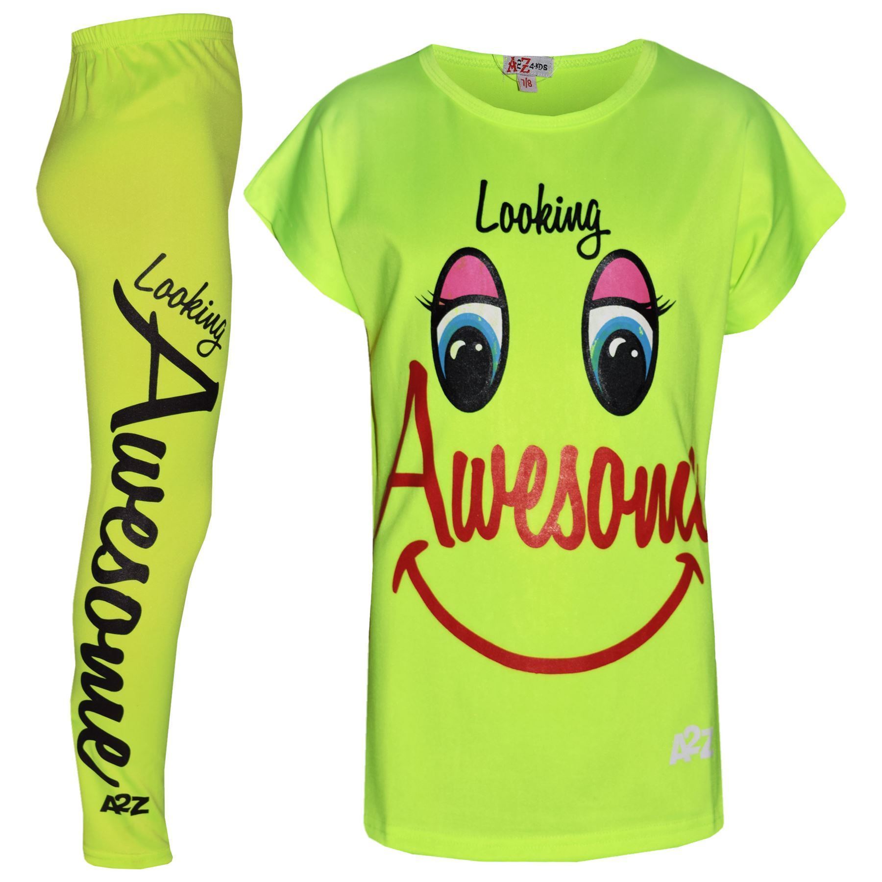 Top di Design Looking Stupenda Stampa Neon T Shirt & Set Leggings bambina verde