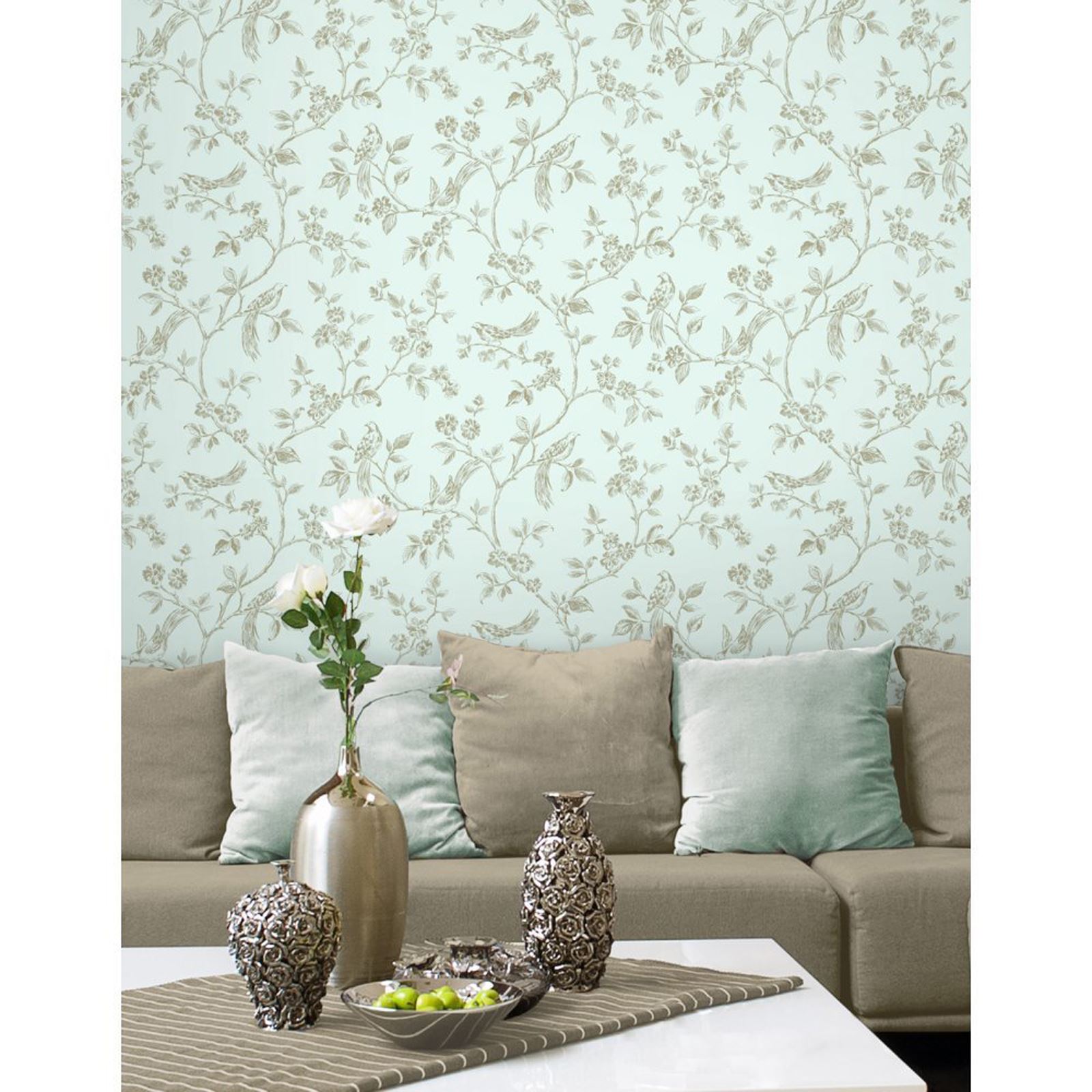 ENTENEI BLAU BLAUGRÜNE TAPETE - EULE, VOGEL, PFAU, BLÄTTERN & BAUM