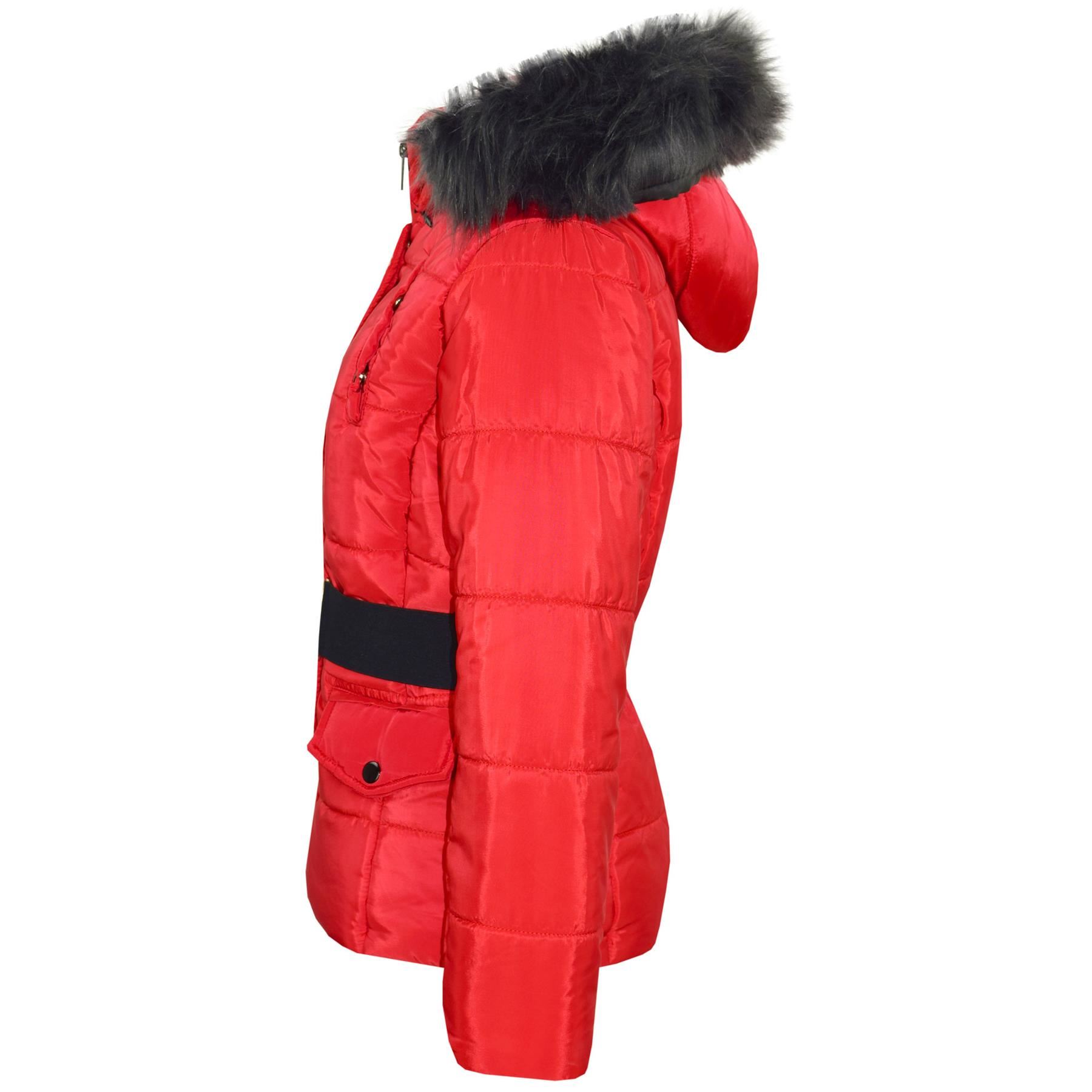 red padded faux fur hooded coat