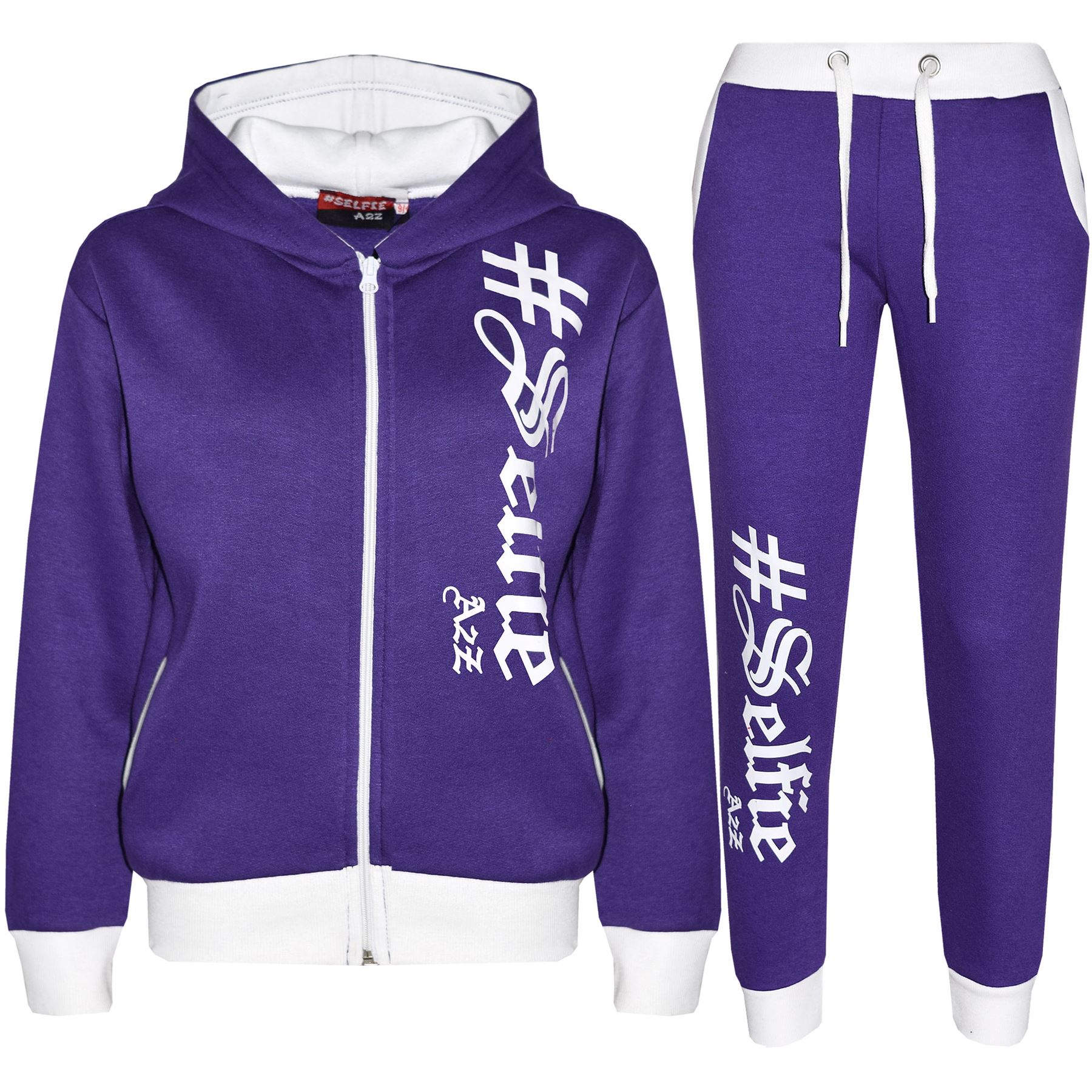 Bambini Selfie Tuta Pantaloni Cerniera Set Casual Ragazze con cappuccio viola