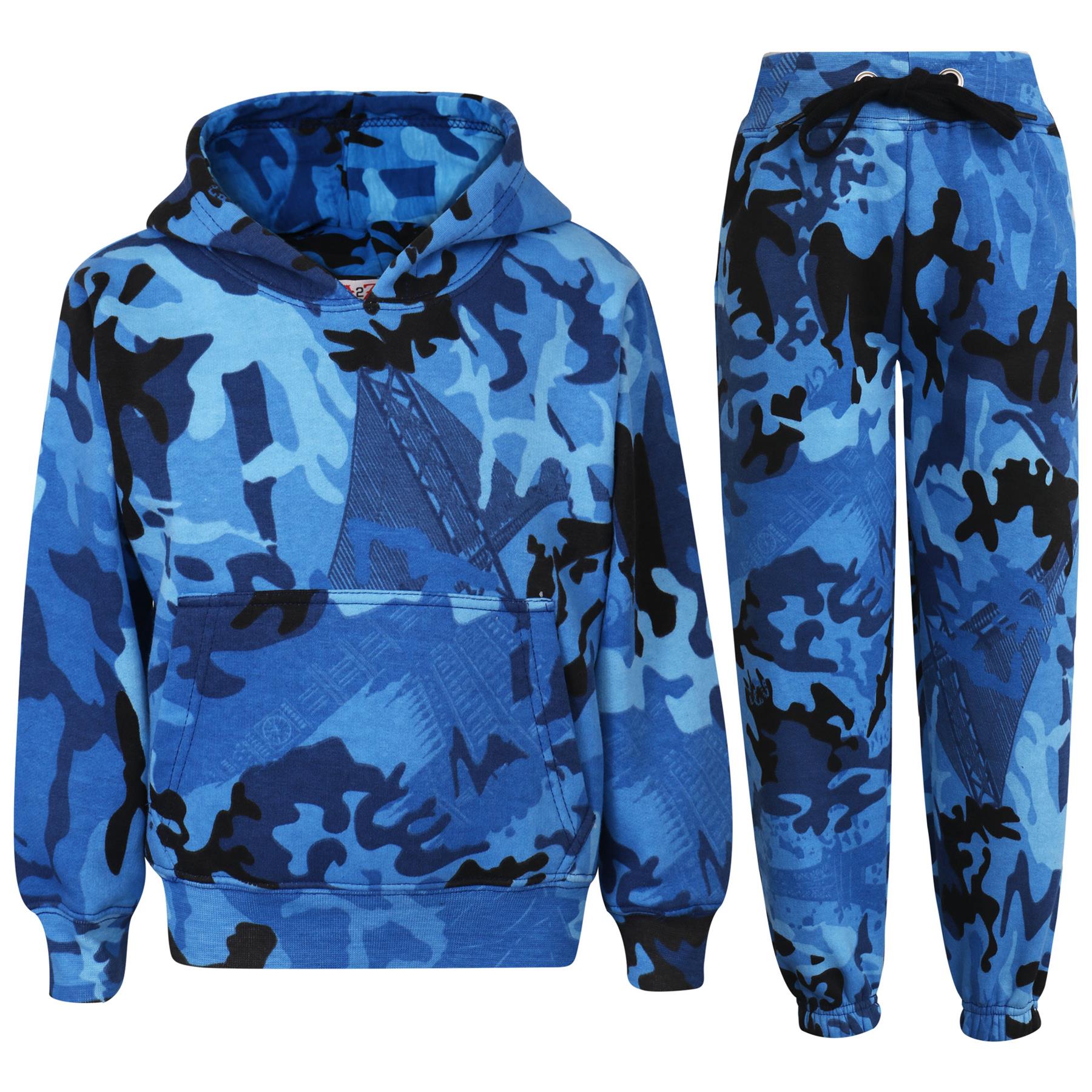 Bambine Ragazzi Felpa Camouflage Tuta da Jogging Joggers 5-13 con cappuccio blu