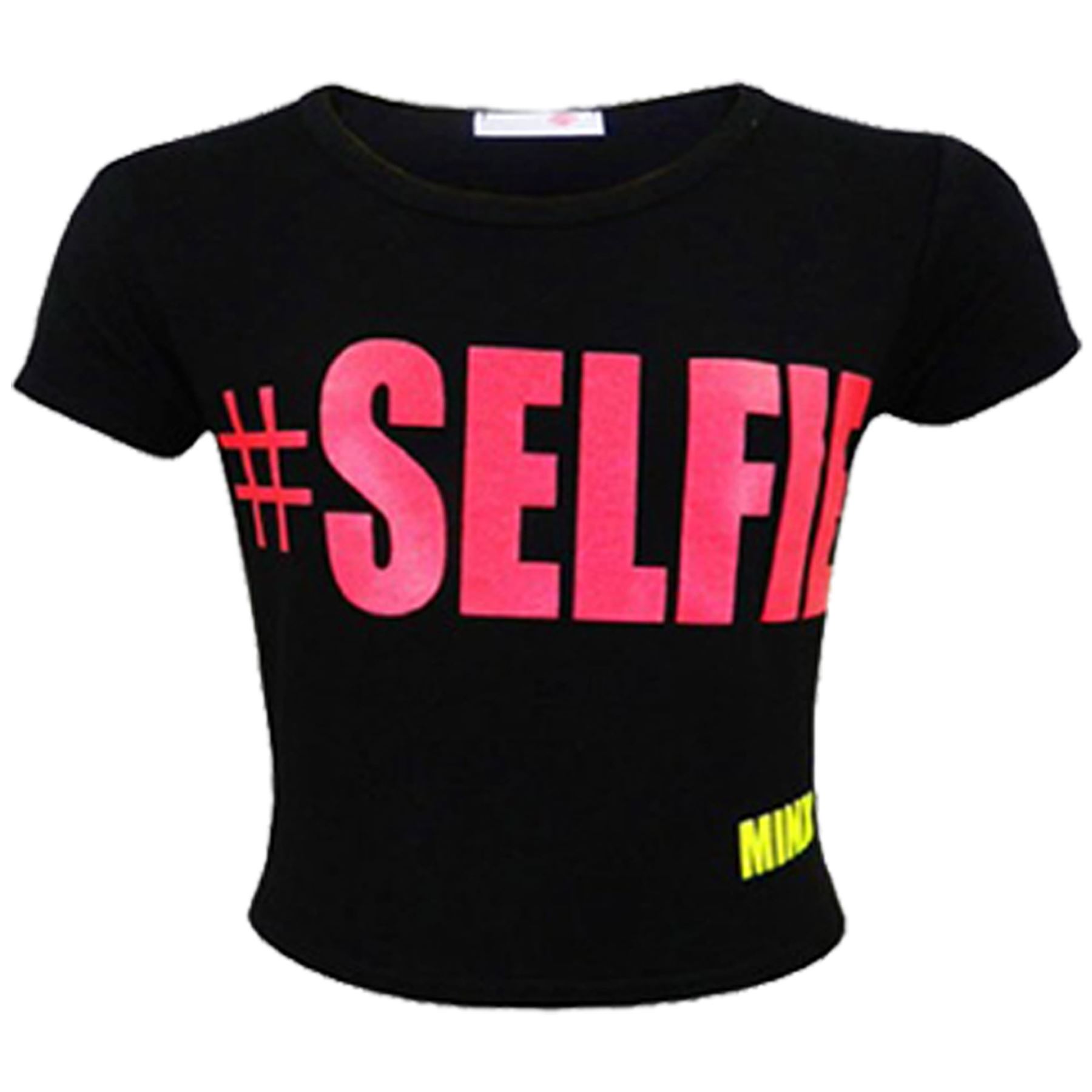 Girls' #Selfie Print Crop Top - Trendy Fashion T-Shirt For Kids 7-13 Years (Black)