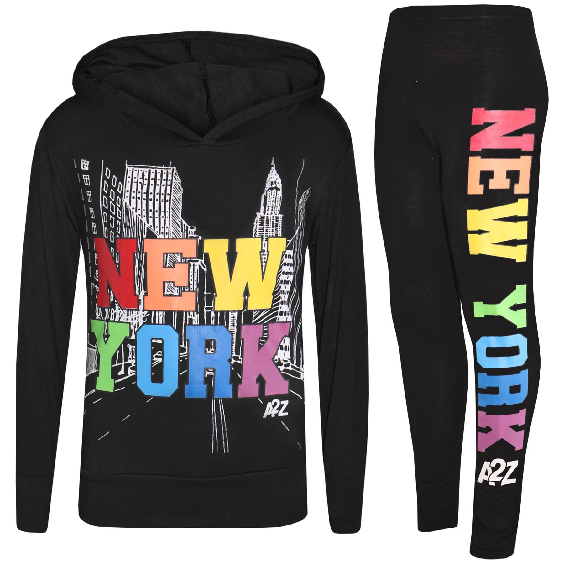 Bambine & Legging New York Stampa Top Fondo Completo con cappuccio corto nero