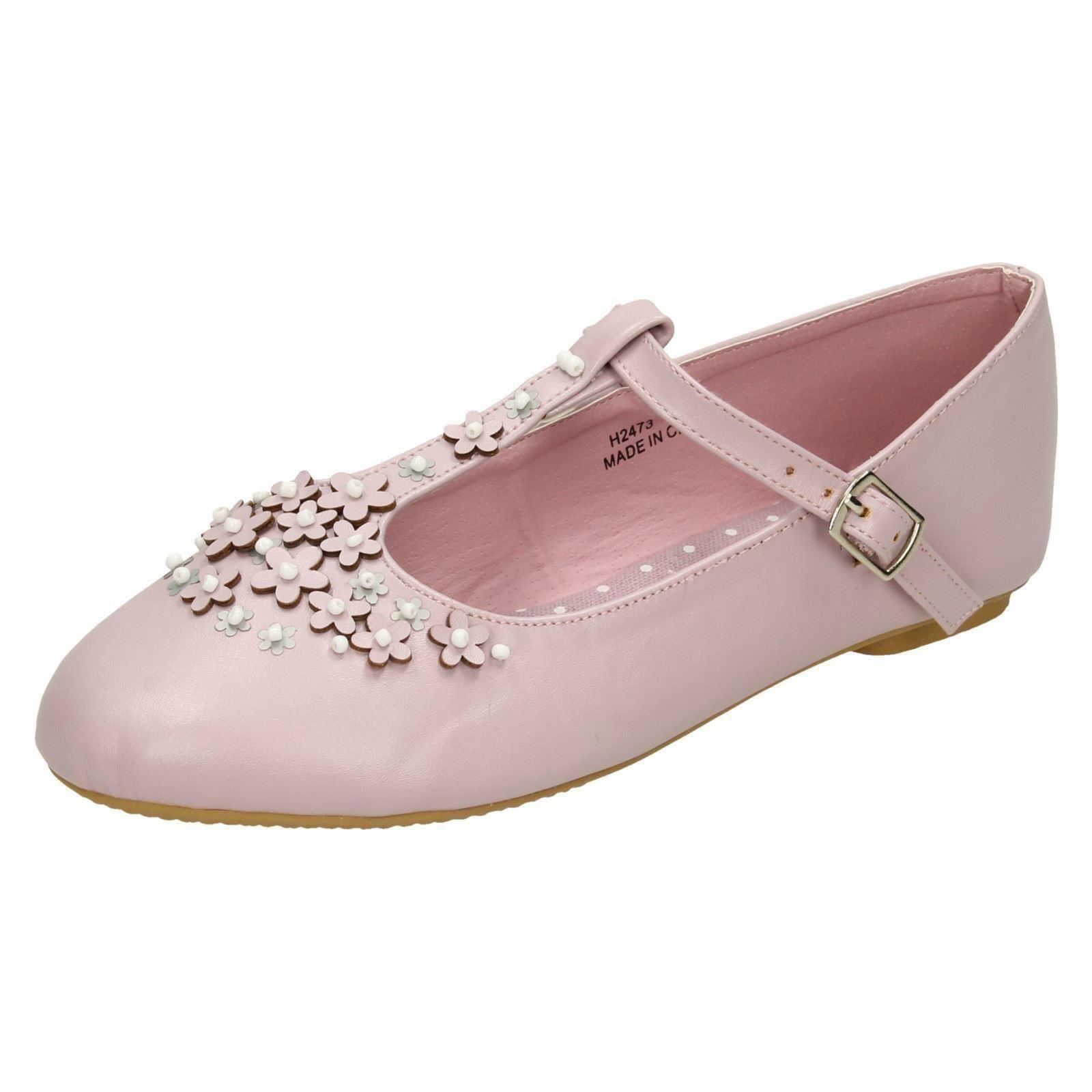 Ragazze Piatto T-Bar Fiore Bordo Scarpe