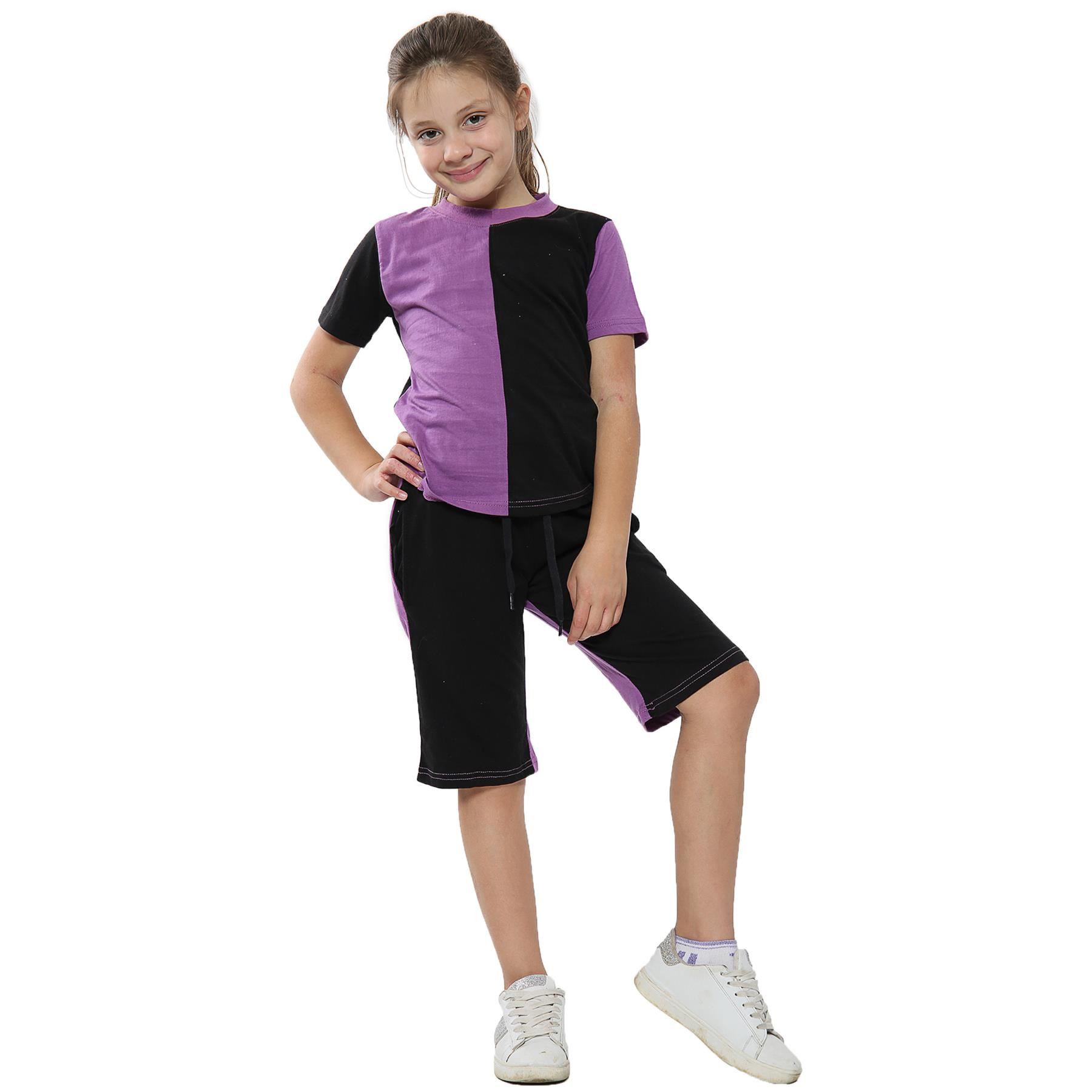 Bambini Ragazzi T-Shirt 100% Cotone Lilla Contrasto Pannelli Estate Shorts Set