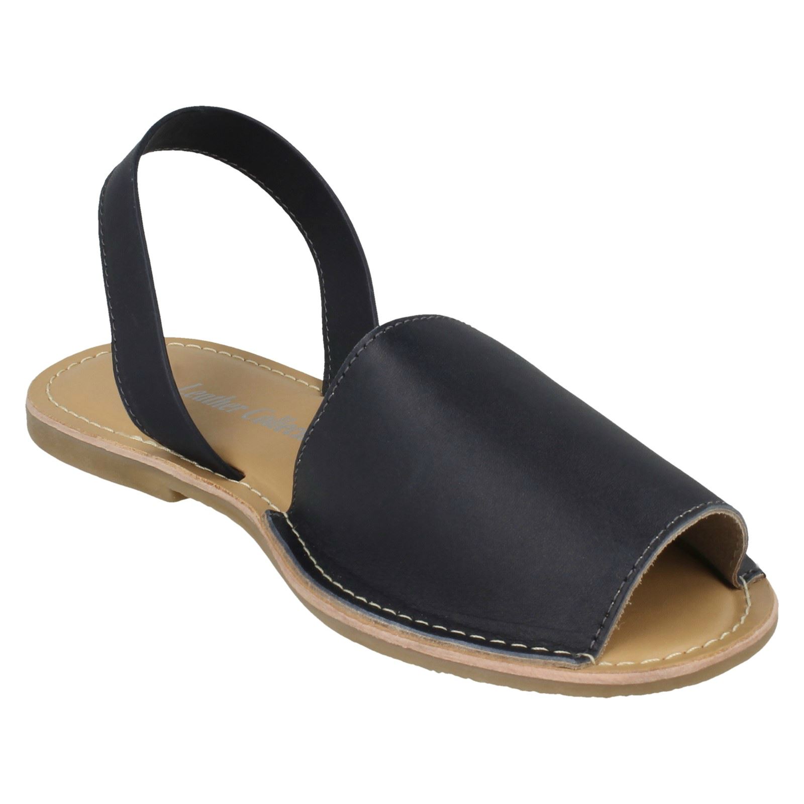 F0R0035 Ladies Leather Collection Sling-Back Black Sandals Great Price!
