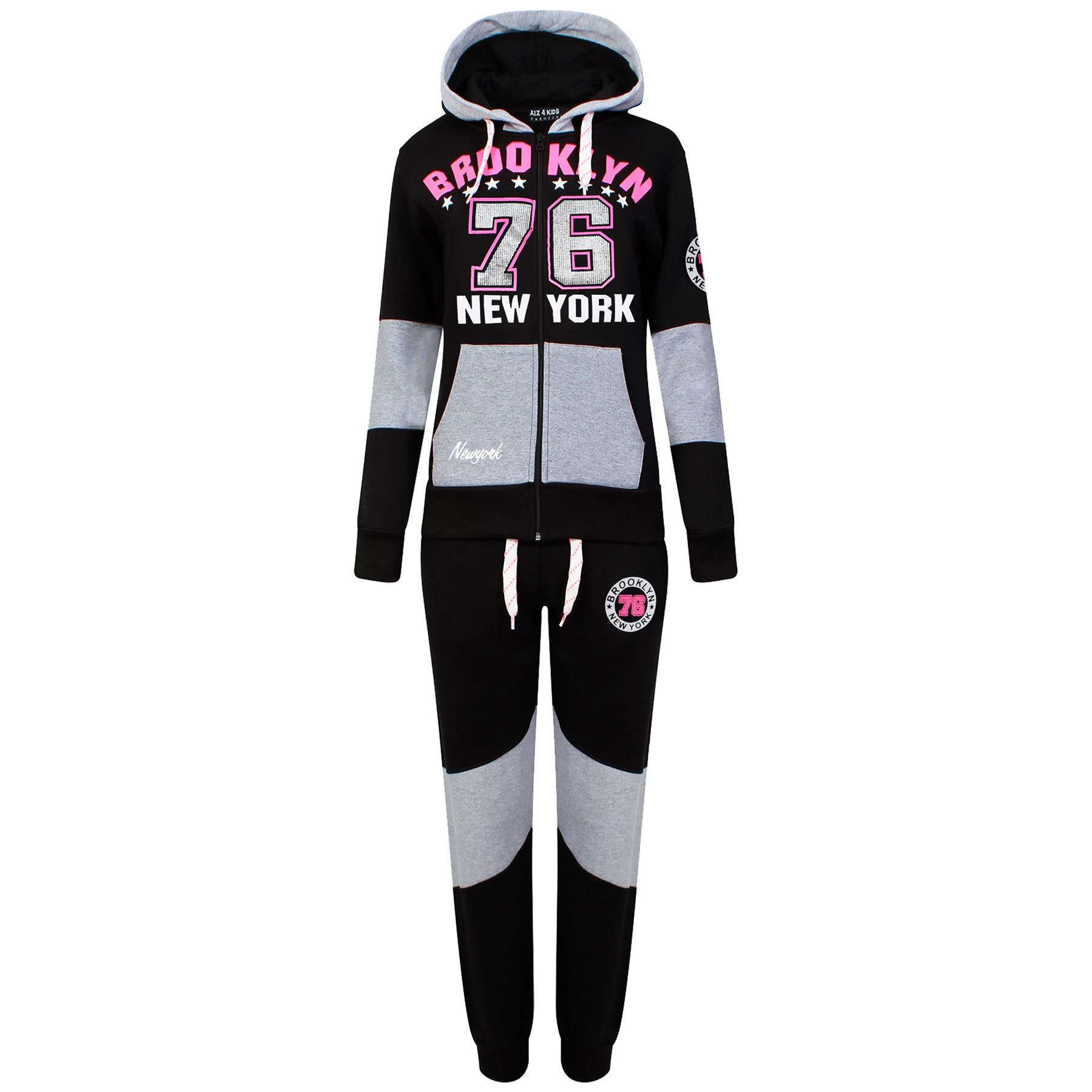 Bambini Ragazze Tuta Cappuccio Pile Brooklyn 76 New York Top Fondo da corsa nero