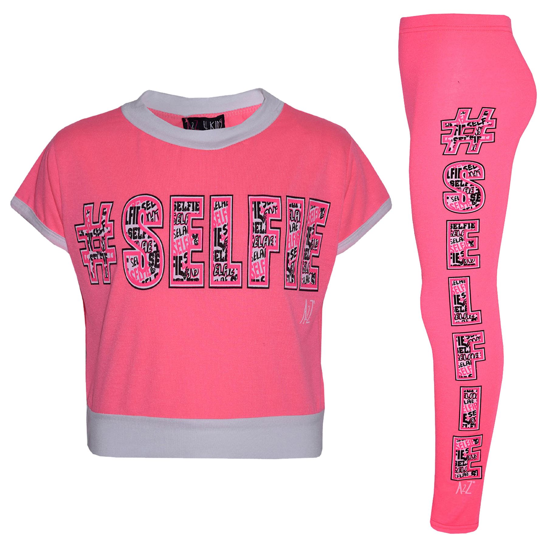 Girls Top Kids # Selfie Print Designer T-Shirt & Graffiti Leggings Set - Picture 7 of 18