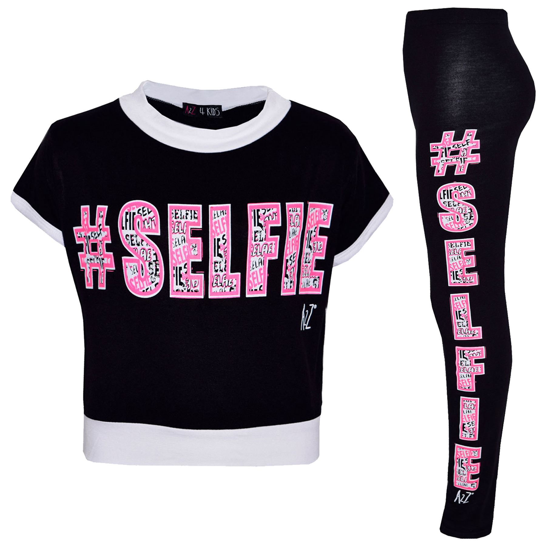 Girls Top Kids # Selfie Print Designer T-Shirt & Graffiti Leggings Set - Picture 3 of 18