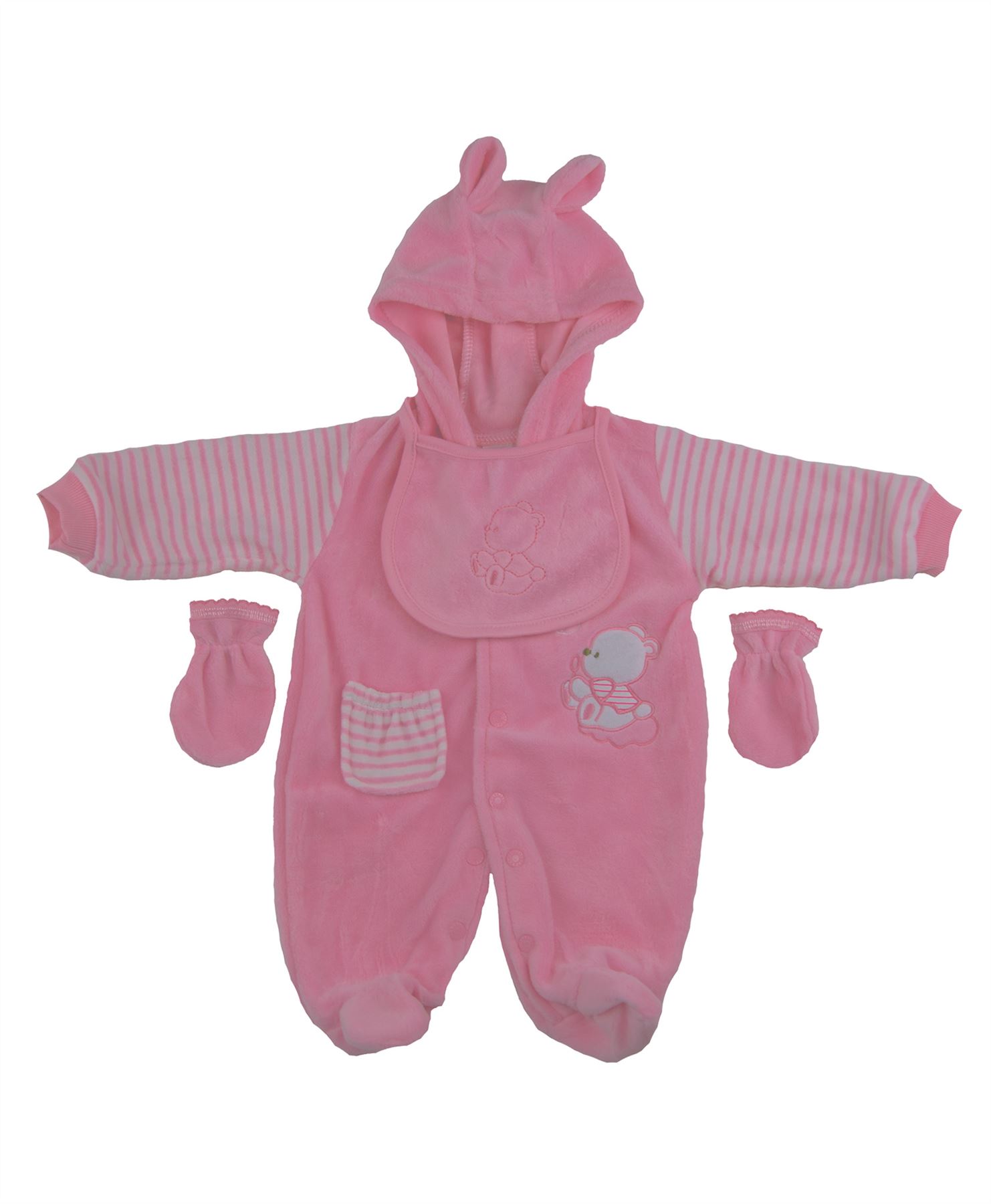 Bambino Velluto 3 Pezzi Tutina Set con Cappuccio Bavaglino Guanti Pigiama Body