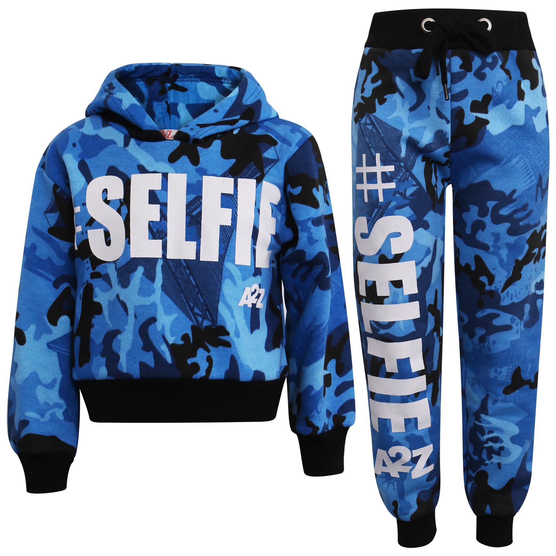 Bambine Tuta Selfie Camouflage Top Fondo Jogging Abiti con cappuccio corto blu
