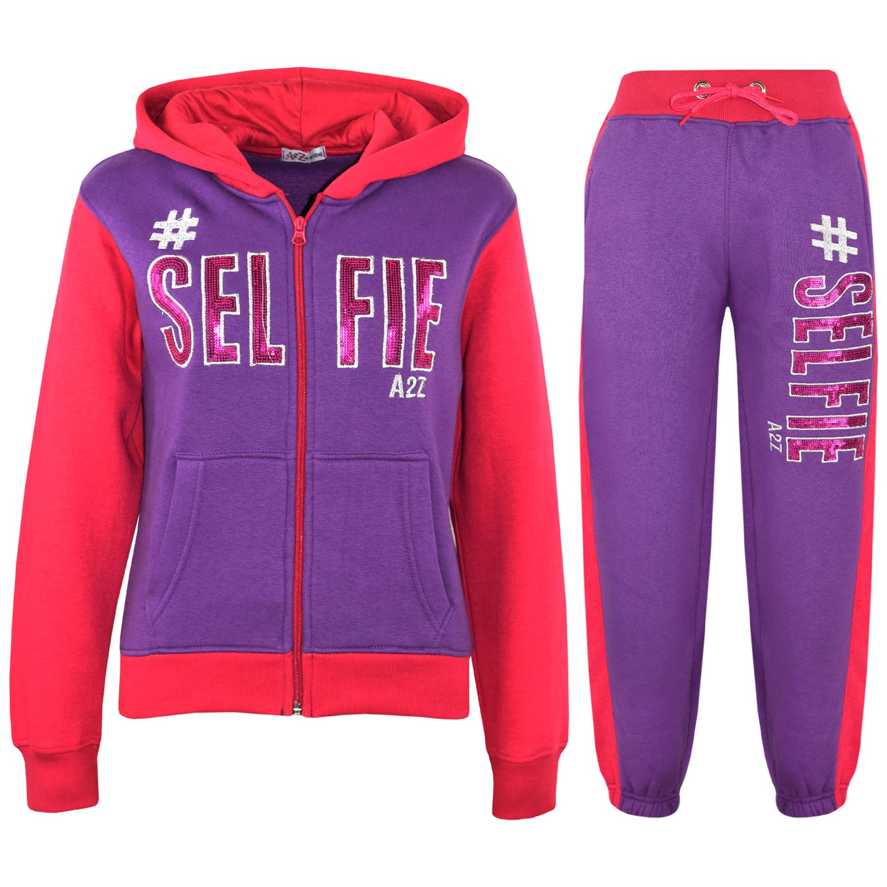 Bambini Selfie e Tuta Lustrini Ricamato Felpa Joggers Ragazze 5-13 rosa viola