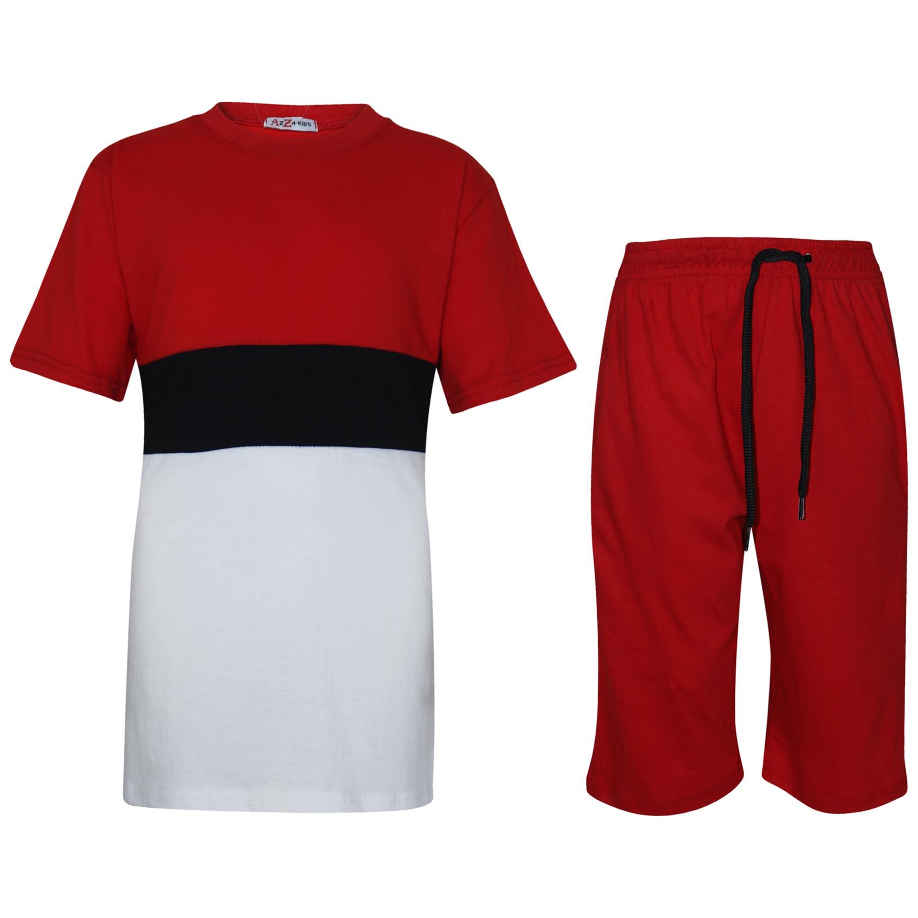 Bambine Ragazzi T Shirt 100% Contrasto Pannelli Top & Shorts Set cotone rosso