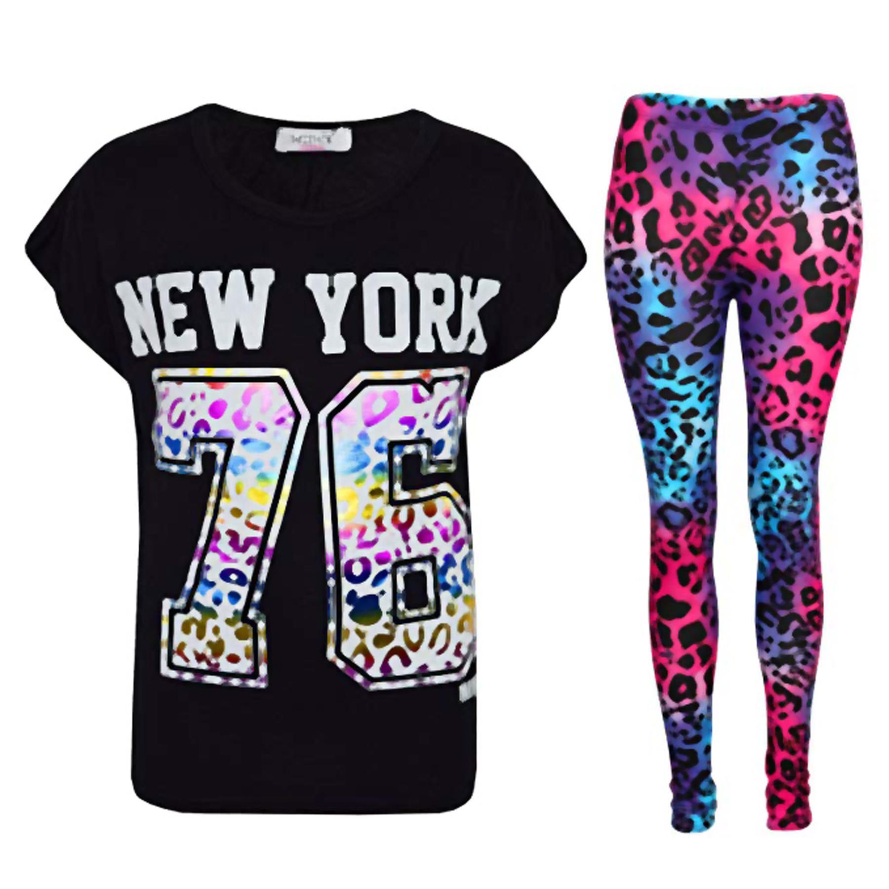 Bambine New York 76 Stampato Trendy Top Corto & Moda Set Leggings 7-13 Anni