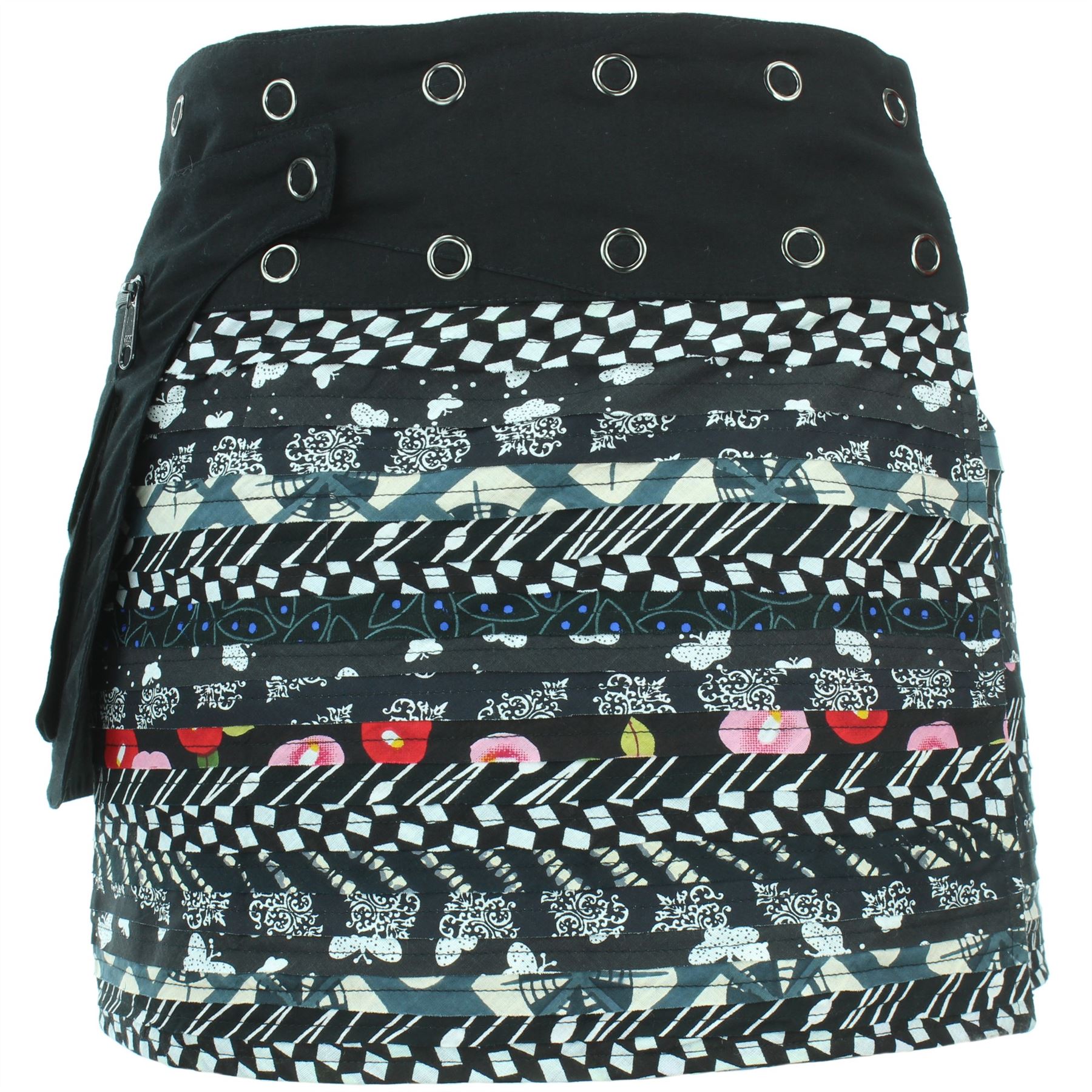Gheri Cotone Patchwork Corto Boemo Gonna Nero L
