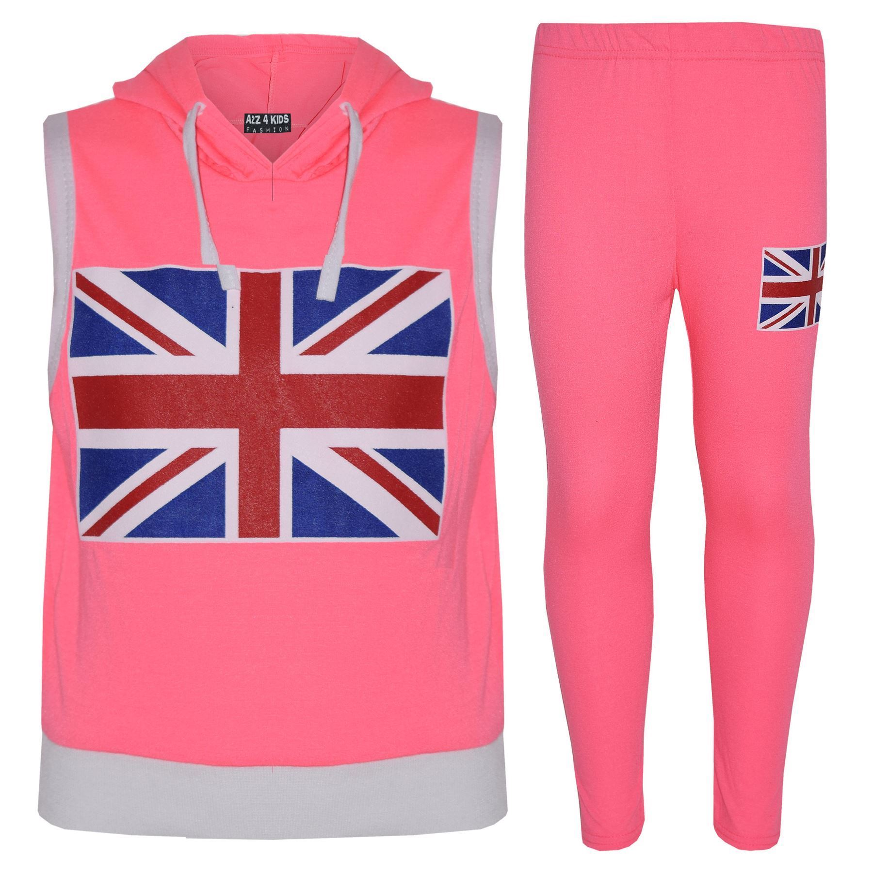 Bambine Ragazzi England Stampa Bandiera Cappuccio Top & Legging senza maniche