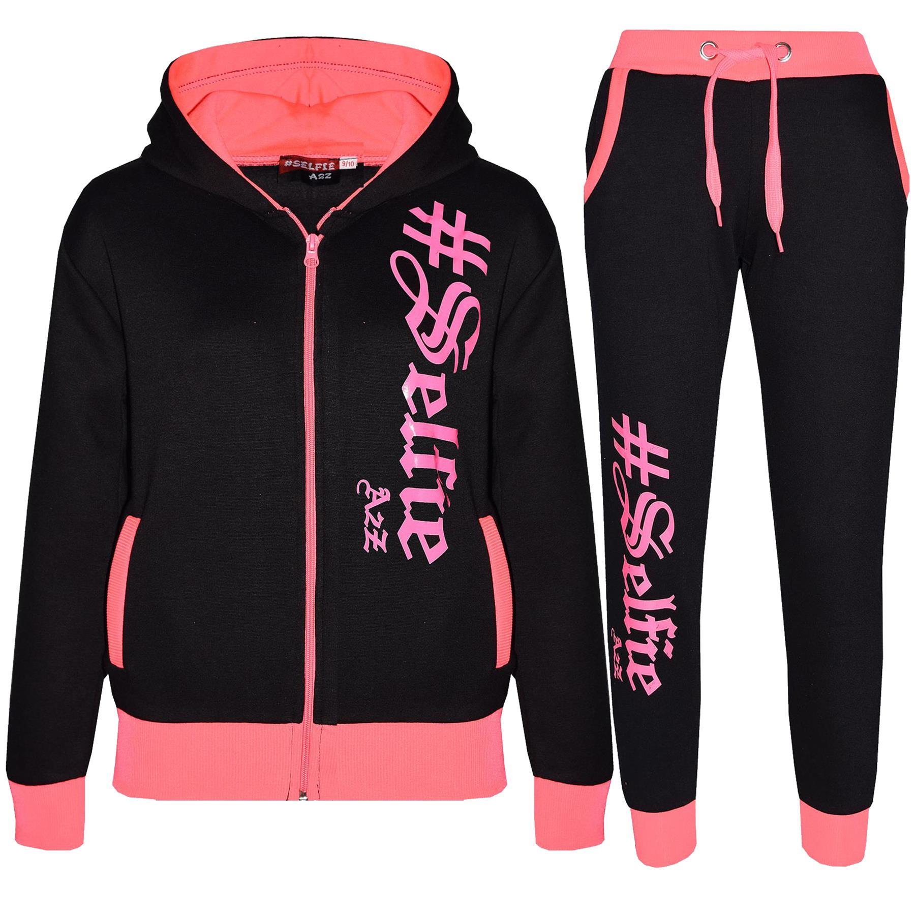 Bambini Selfie Neon Tuta Pantaloni Zip Set Ragazze con cappuccio da corsa rosa