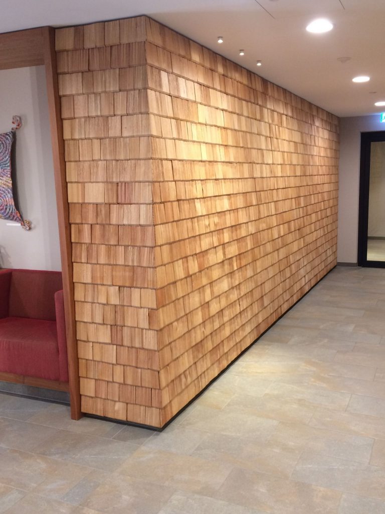 Internal cladding of larch shakes in Klosterhof Hotel, Bavaria.