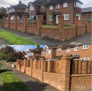 Pressure-treated 900mm softwood closeboard between brick piers. Boarded both sides