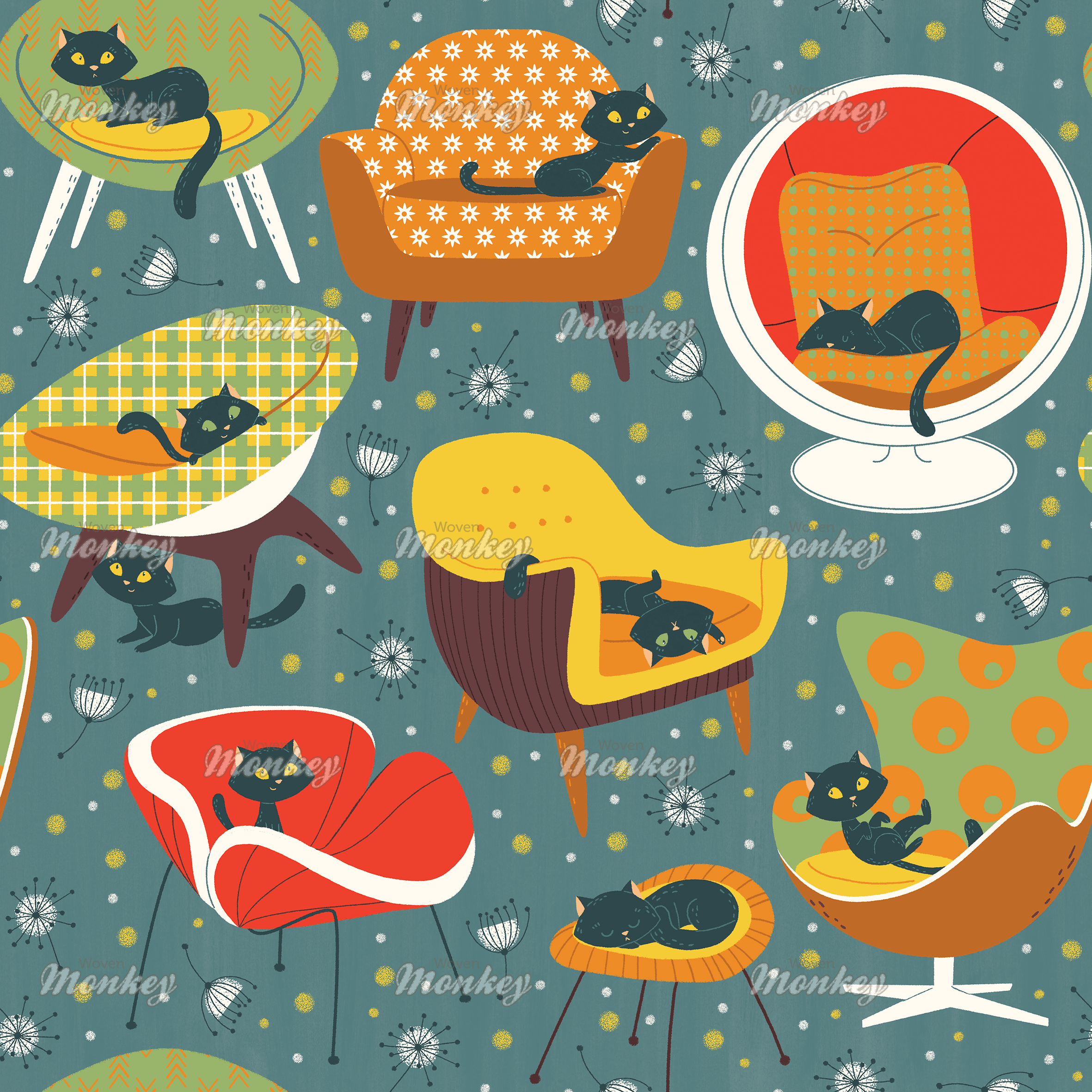 sixties cats and chairs Fabric Woven Monkey